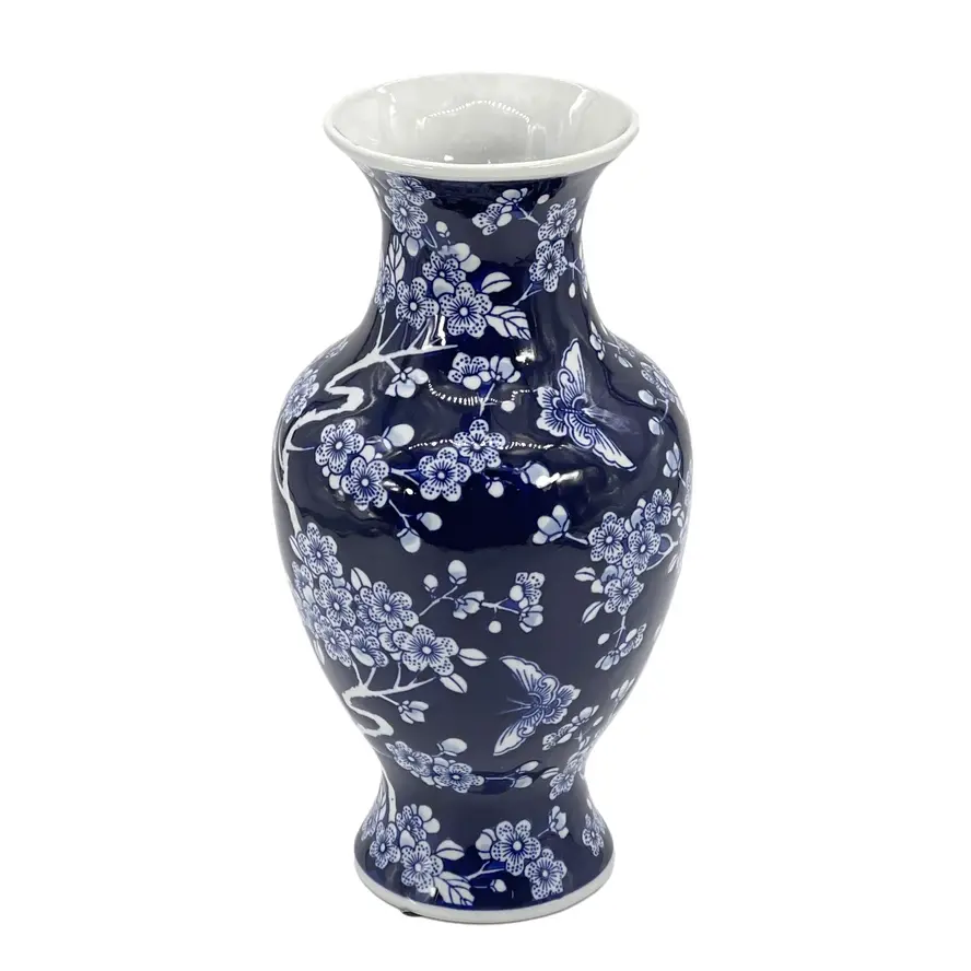 Dark Blue Chinoiserie Ceramic Vase 14"