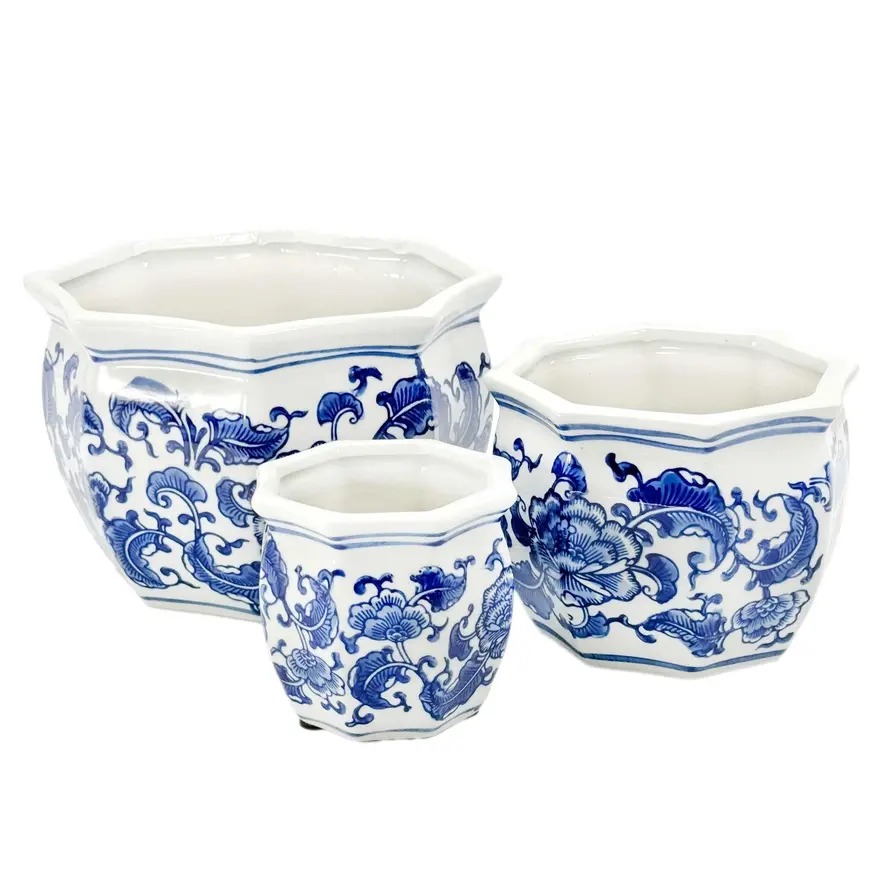 Ceramic Chinoiserie Planter Pot - Blue 4.5" Round Hexagon Pot with Fluted Edge