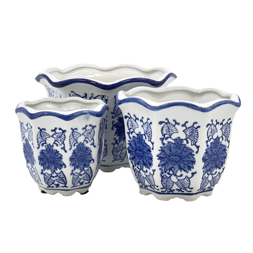 Ceramic Chinoiserie Planter Pot - Blue 4.5" Round Hexagon Pot with Scalloped Edge
