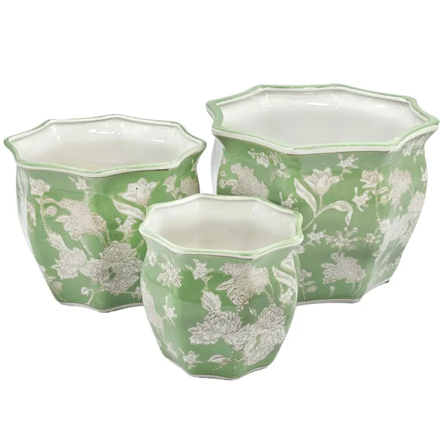 Ceramic Chinoiserie Planter Pot - Green 10" Round Hexagon Pot with Fluted Edge
