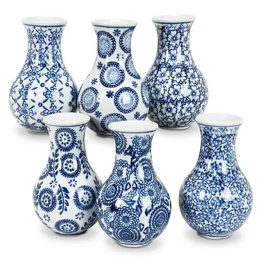 [BFV-27-INDIGO-205] Blue/White Small Bulb Vase - 4.5"H