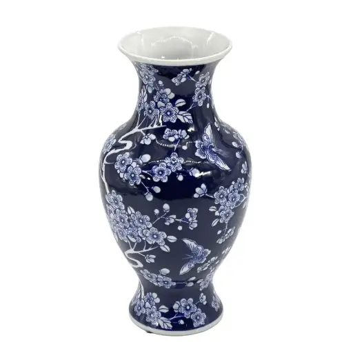 [BFV-CZ68114AM-single] Dark Blue Chinoiserie Ceramic Vase 14"