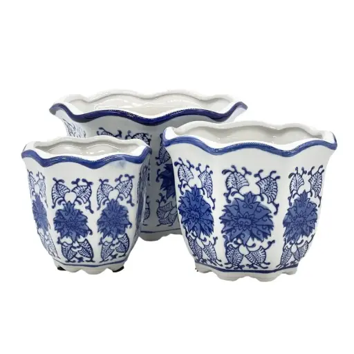 [BFV-CZ68056AM-S] Ceramic Chinoiserie Planter Pot - Blue 4.5" Round Hexagon Pot with Scalloped Edge