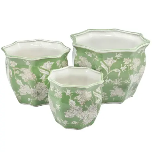 [BFV-CZ68125AM-S] Ceramic Chinoiserie Planter Pot - Green 7.5" Round Hexagon Pot with Fluted Edge